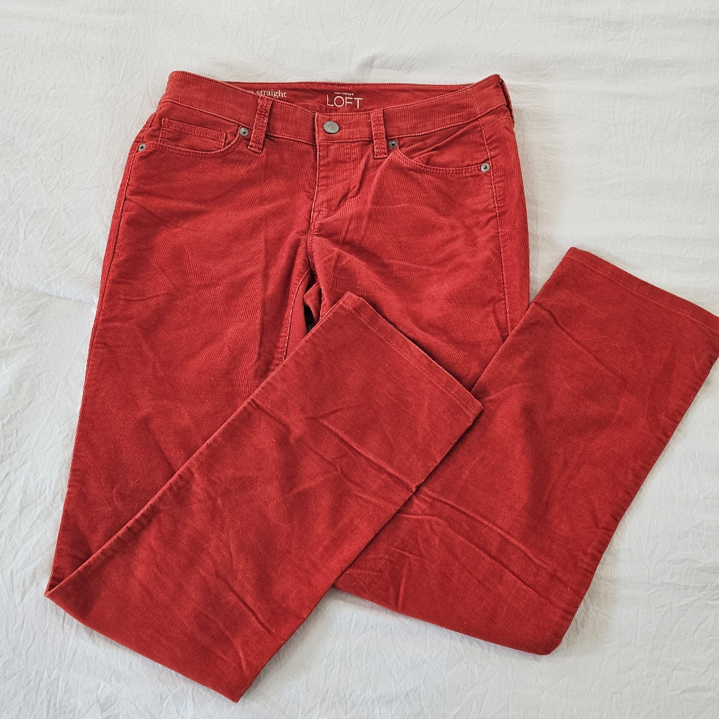 Ann Taylor Loft Orange Red Stretch Corduroy Modern Straight Jeans Us 26 / 2p